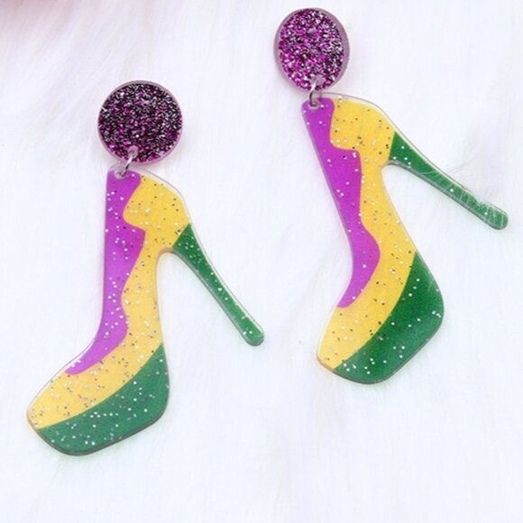 Mardi Gras Glitter Heel Earrings – Purple Green Gold Statement - Picture 3 of 3